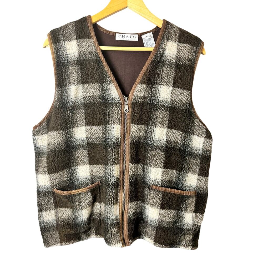 Chaus Plaid Sherpa Vest Equestrian Academia XL Brown Corduroy Preppy Cottage Vtg